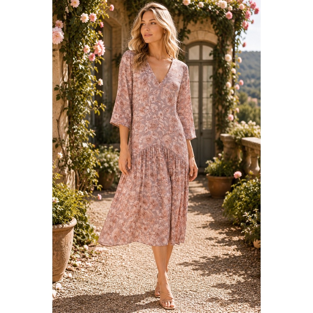 Vince Mauve Floral Midi Dress V Neck Back Cutout Tiered NWT Womens XXS